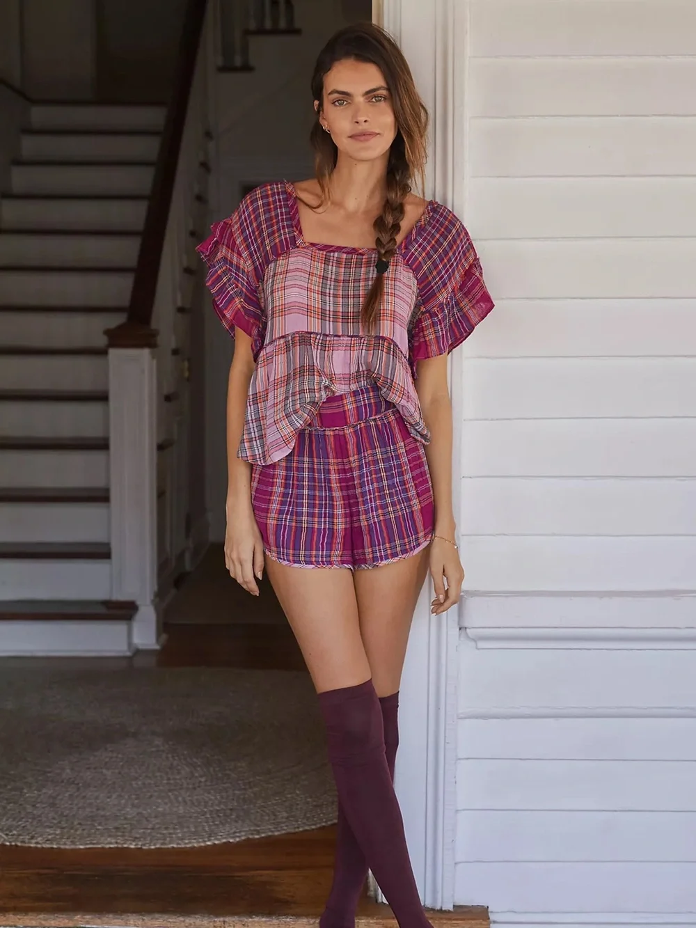Anthropologie Gauzy Cotton Plaid Matching Set Sz S